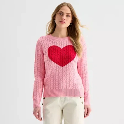 St. John's Bay Womens Crew Neck Long Sleeve Cable Knit Pullover Sweater In Pink