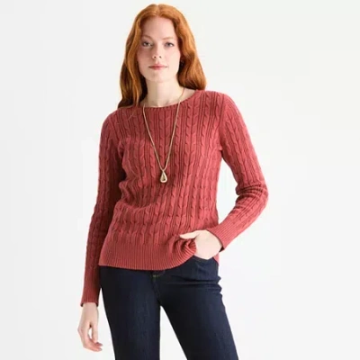 St. John's Bay Womens Crew Neck Long Sleeve Cable Knit Pullover Sweater In Red