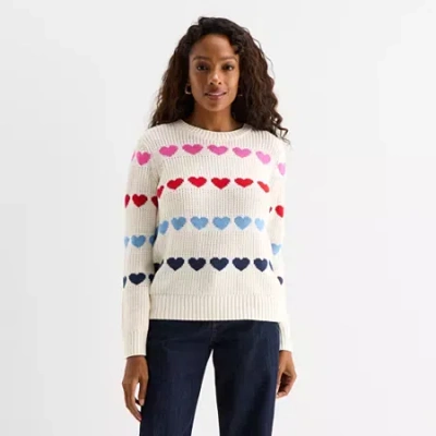 St. John's Bay Womens Crew Neck Long Sleeve Cable Knit Pullover Sweater In White