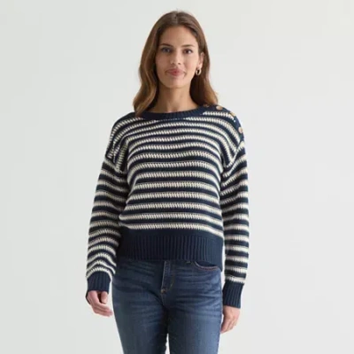 St. John's Bay Womens Crew Neck Long Sleeve Pullover Sweater In Blue