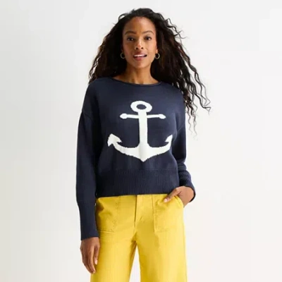 St. John's Bay Womens Crew Neck Long Sleeve Pullover Sweater In Blue