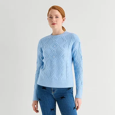St. John's Bay Womens Crew Neck Long Sleeve Pullover Sweater In Blue
