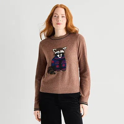 St. John's Bay Womens Crew Neck Long Sleeve Pullover Sweater In Brown