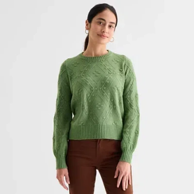 St. John's Bay Womens Crew Neck Long Sleeve Pullover Sweater In Green