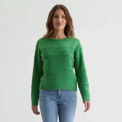 St. John's Bay Womens Crew Neck Long Sleeve Pullover Sweater In Green