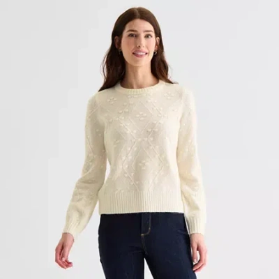 St. John's Bay Womens Crew Neck Long Sleeve Pullover Sweater In White