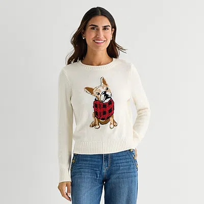 St. John's Bay Womens Crew Neck Long Sleeve Pullover Sweater In White
