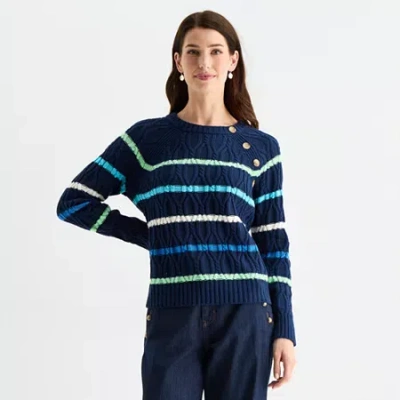 St. John's Bay Womens Crew Neck Long Sleeve Striped Cable Knit Pullover Sweater In Blue