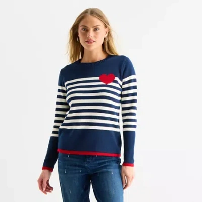 St. John's Bay Womens Crew Neck Long Sleeve Striped Cable Knit Pullover Sweater In Blue