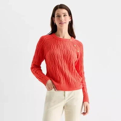 St. John's Bay Womens Crew Neck Long Sleeve Striped Cable Knit Pullover Sweater In Pink
