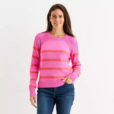 St. John's Bay Womens Crew Neck Long Sleeve Striped Cable Knit Pullover Sweater In Pink