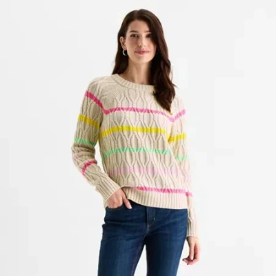 St. John's Bay Womens Crew Neck Long Sleeve Striped Cable Knit Pullover Sweater In Sand