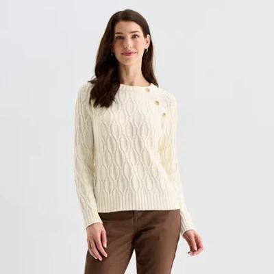 St. John's Bay Womens Crew Neck Long Sleeve Striped Cable Knit Pullover Sweater In White
