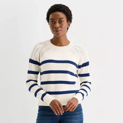 St. John's Bay Womens Crew Neck Long Sleeve Striped Cable Knit Pullover Sweater In White