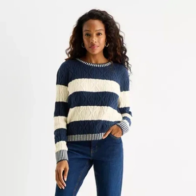 St. John's Bay Womens Crew Neck Long Sleeve Striped Pullover Sweater In Blue