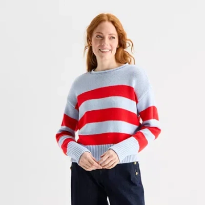 St. John's Bay Womens Crew Neck Long Sleeve Striped Pullover Sweater In Blue