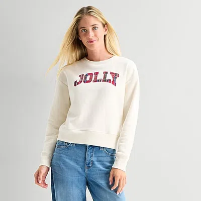 St. John's Bay Womens Crew Neck Long Sleeve Sweatshirt In White