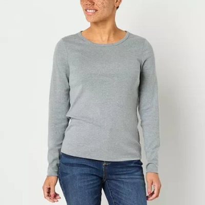 St. John's Bay Womens Crew Neck Long Sleeve T-shirt In Gray