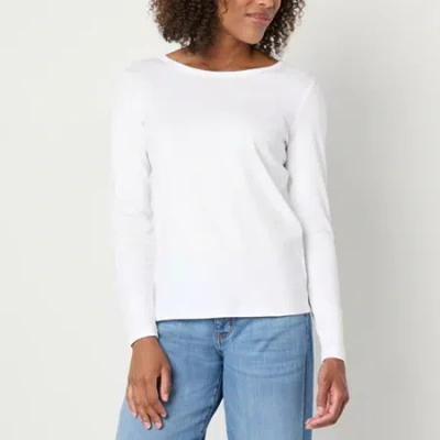 St. John's Bay Womens Crew Neck Long Sleeve T-shirt In White
