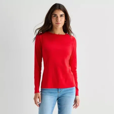 St. John's Bay Womens Crew Neck Long Sleeve T-shirt In Red
