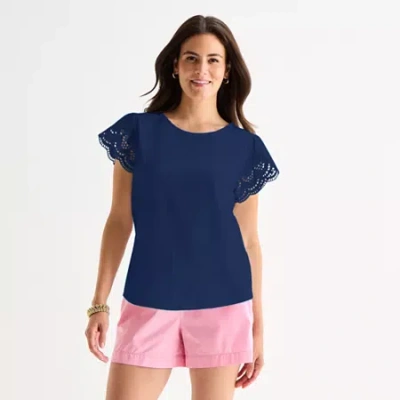 St. John's Bay Womens Crew Neck Short Sleeve Blouse In Blue