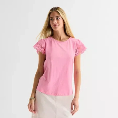 St. John's Bay Womens Crew Neck Short Sleeve Blouse In Pink