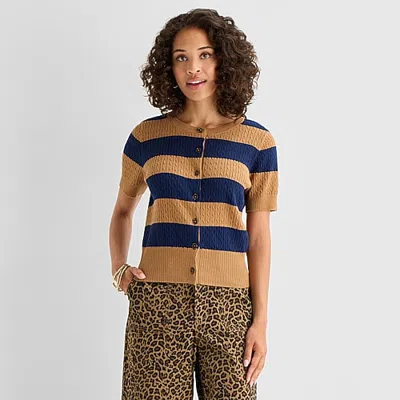 St. John's Bay Womens Crew Neck Short Sleeve Button Striped Cable Knit Cardigan In Brown