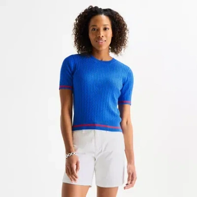 St. John's Bay Womens Crew Neck Short Sleeve Cable Knit Pullover Sweater In Blue