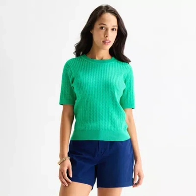 St. John's Bay Womens Crew Neck Short Sleeve Cable Knit Pullover Sweater In Green