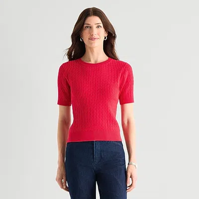 St. John's Bay Womens Crew Neck Short Sleeve Cable Knit Pullover Sweater In Red
