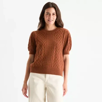 St. John's Bay Womens Crew Neck Short Sleeve Pullover Sweater In Brown