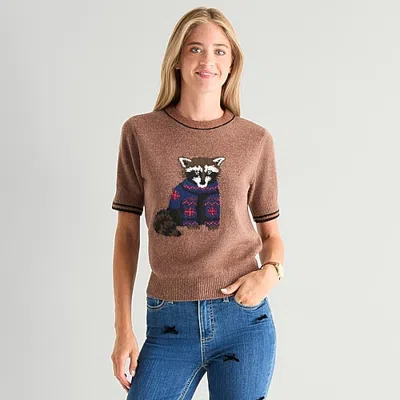 St. John's Bay Womens Crew Neck Short Sleeve Pullover Sweater In Brown