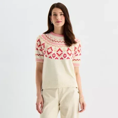 St. John's Bay Womens Crew Neck Short Sleeve Pullover Sweater In White