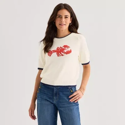 St. John's Bay Womens Crew Neck Short Sleeve Pullover Sweater In White