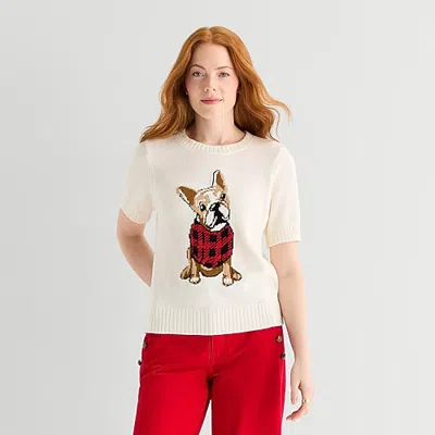St. John's Bay Womens Crew Neck Short Sleeve Pullover Sweater In White
