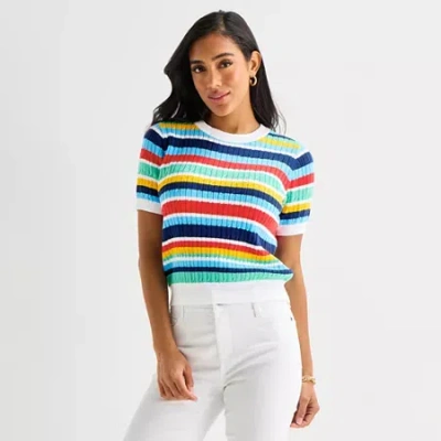 St. John's Bay Womens Crew Neck Short Sleeve Striped Cable Knit Pullover Sweater In Multi