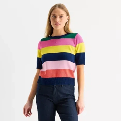 St. John's Bay Womens Crew Neck Short Sleeve Striped Pullover Sweater In Blue