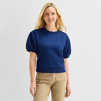 St. John's Bay Womens Crew Neck Short Sleeve Sweatshirt In Blue