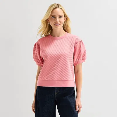 St. John's Bay Womens Crew Neck Short Sleeve Sweatshirt In Pink