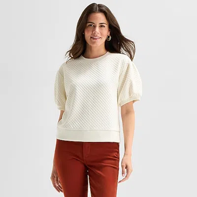 St. John's Bay Womens Crew Neck Short Sleeve Sweatshirt In White