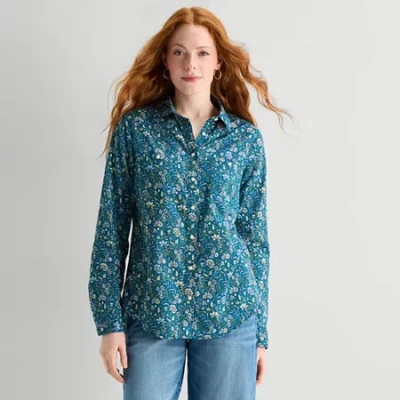 St. John's Bay Womens Cuffed Long Sleeve Regular Fit Button-down Shirt In Blue