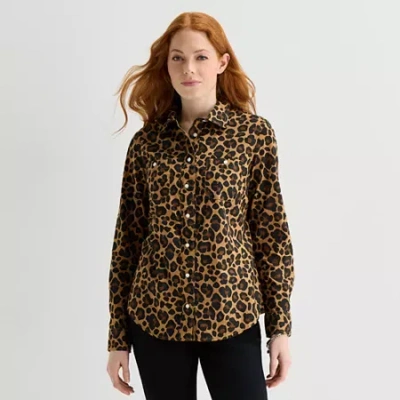 St. John's Bay Womens Cuffed Long Sleeve Regular Fit Button-down Shirt In Brown