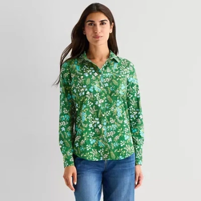 St. John's Bay Womens Cuffed Long Sleeve Regular Fit Button-down Shirt In Green