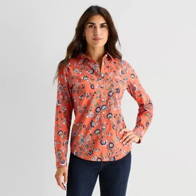 St. John's Bay Womens Cuffed Long Sleeve Regular Fit Button-down Shirt In Brown