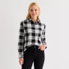 St. John's Bay Womens Cuffed Long Sleeve Relaxed Fit Button-down Shirt In Black