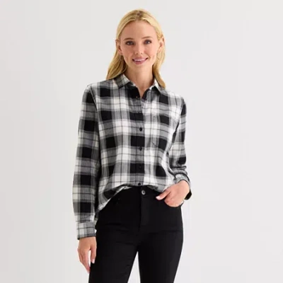 St. John's Bay Womens Cuffed Long Sleeve Relaxed Fit Button-down Shirt In Black