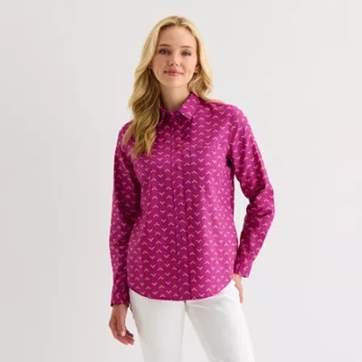 St. John's Bay Womens Cuffed Long Sleeve Relaxed Fit Button-down Shirt In Pink