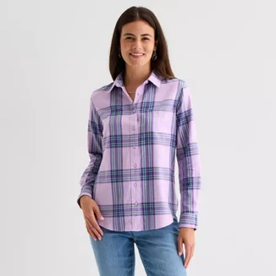 St. John's Bay Womens Cuffed Long Sleeve Relaxed Fit Button-down Shirt In Purple
