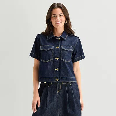 St. John's Bay Womens Drop Shoulder Long Sleeve Regular Fit Button-down Shirt In Blue