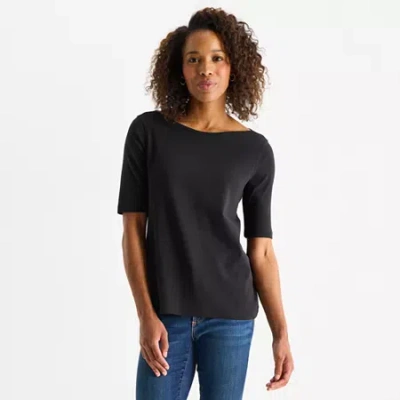 St. John's Bay Womens Easy-on + Easy-off Boat Neck Elbow Sleeve T-shirt In Black
